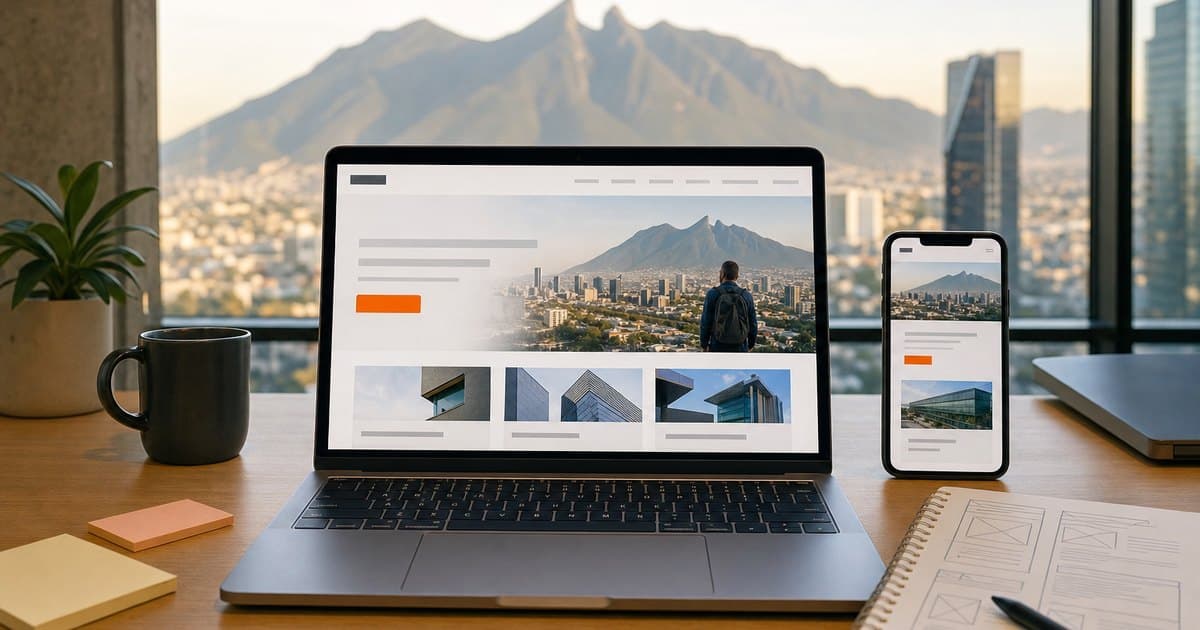 Laptop y celular con el diseño de una página web, con el Cerro de la Silla de Monterrey al fondo